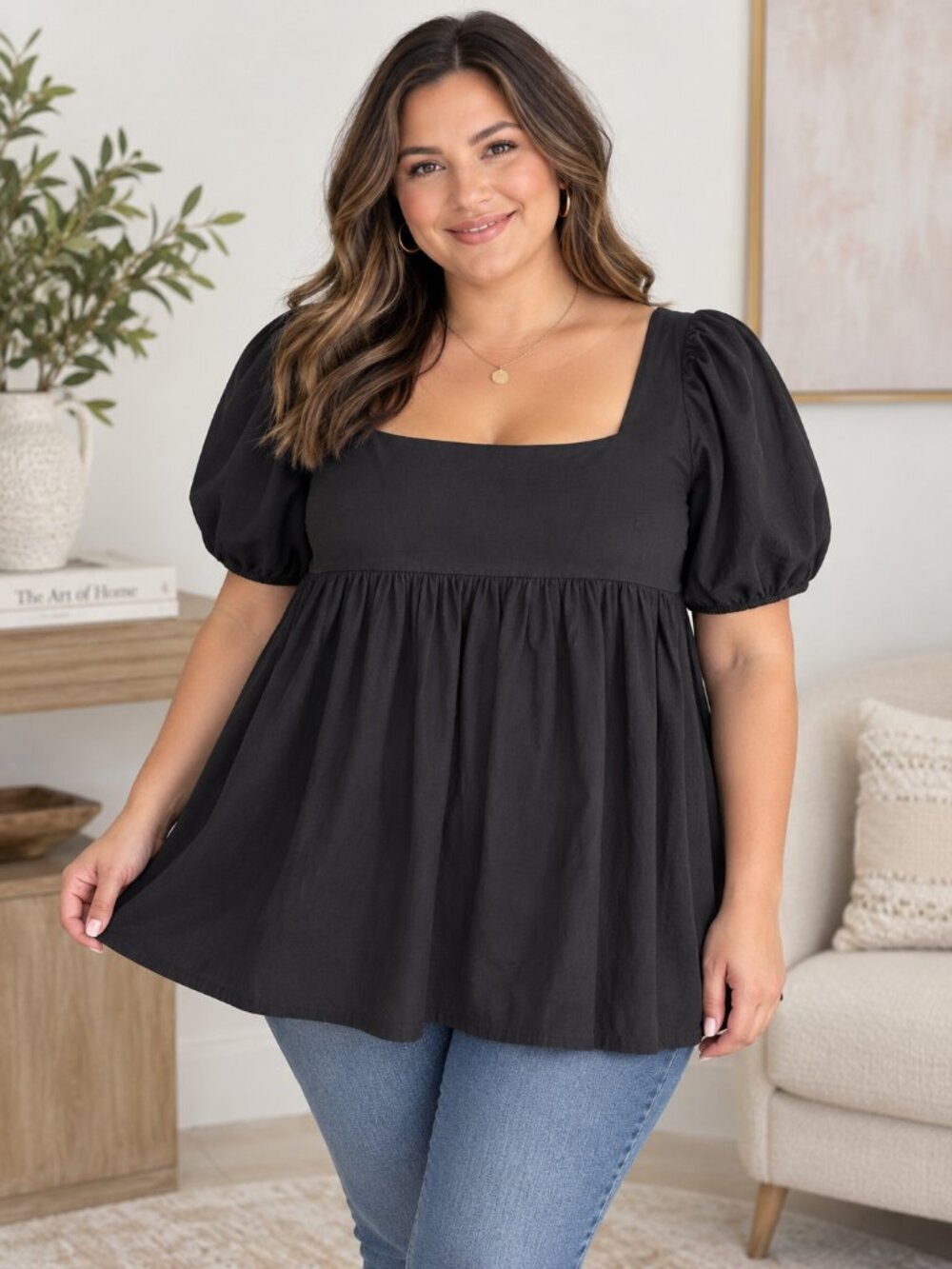 Arula A 1X Black Cotton Puff Sleeve Babydoll Tunic Top